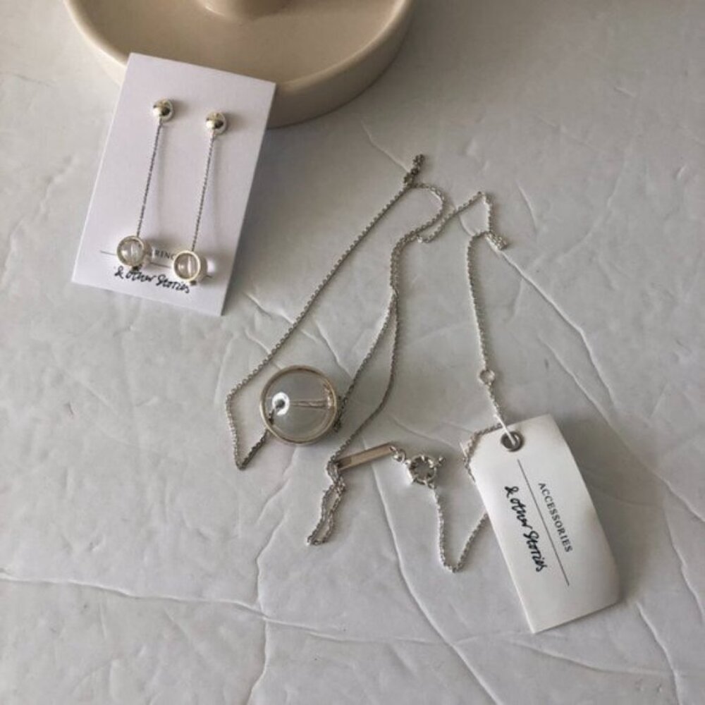 & OTHER STORIES Set of ORB PENDANT EARRINGS SILVER & Clear and Matched Necklace - Picture 7 of 11